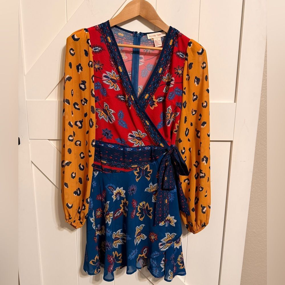 Flying Tomato Multicolor Patterned Dress Women’s Small Boho Tie Front